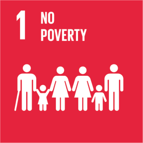 Icon representing Goal 1: No Poverty, featuring a diverse group of people against a red background.