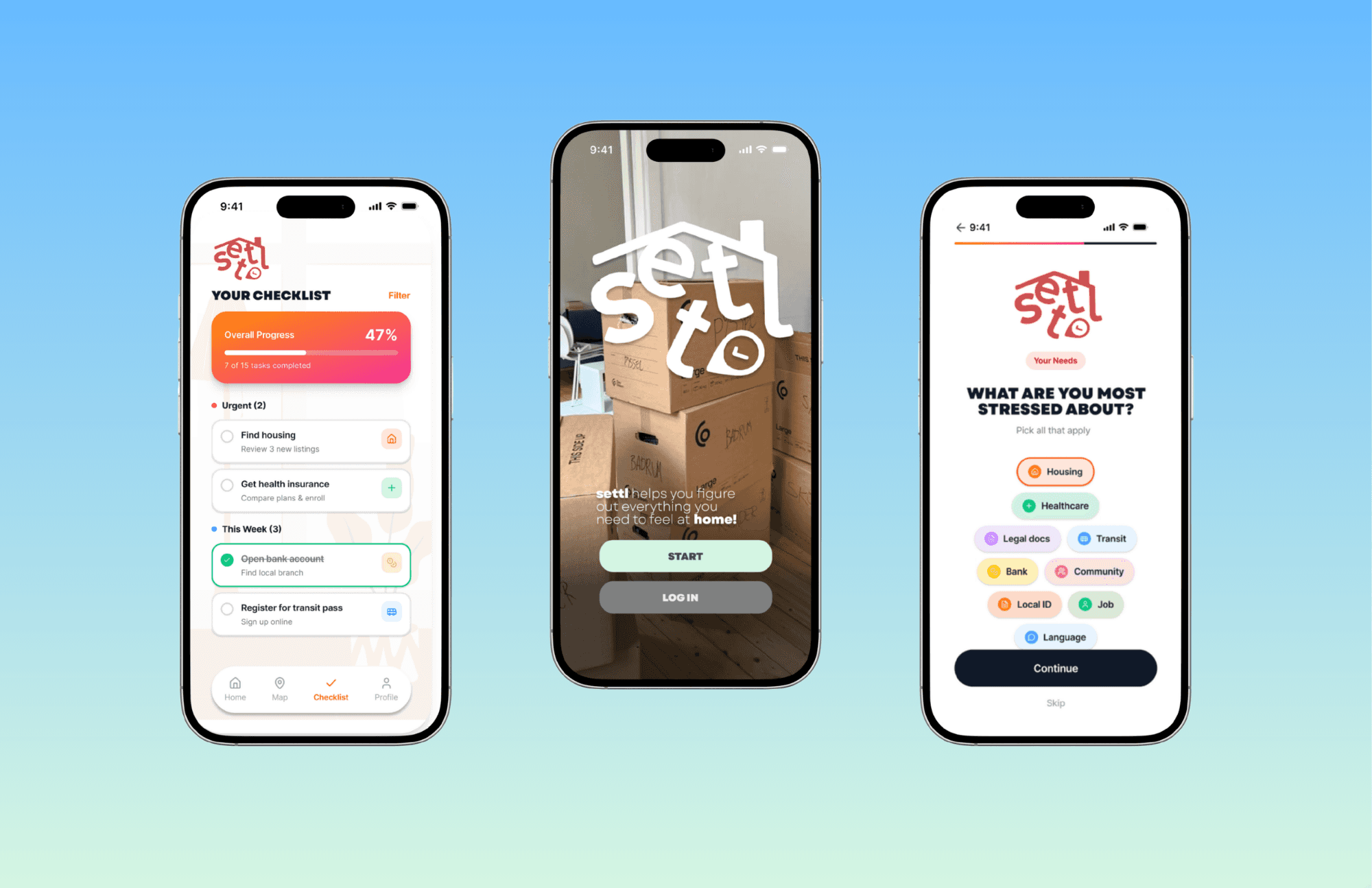 Two screens from a fictional AI mobile app on an orange gradient background
