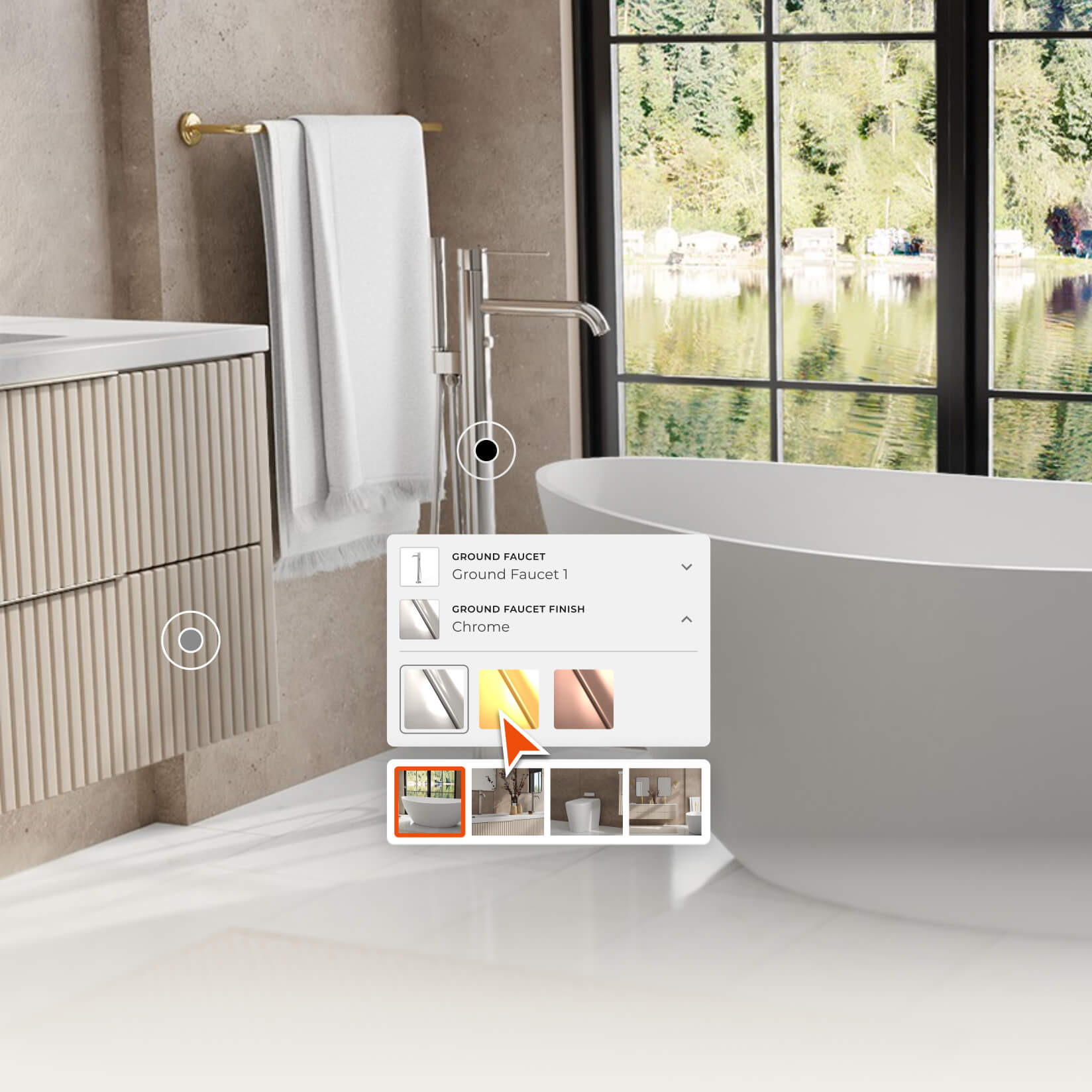 Multi-item hotspot configurator interface customizing a bathroom setup
