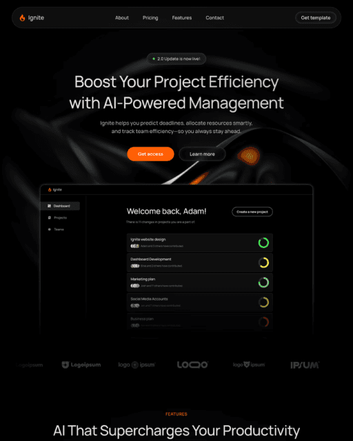 Ignite Framer template preview showing hero and features section