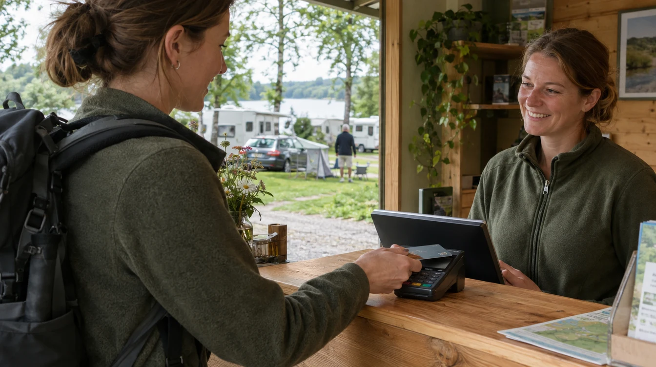 Gast bezahlt mit Karte an der Campingrezeption