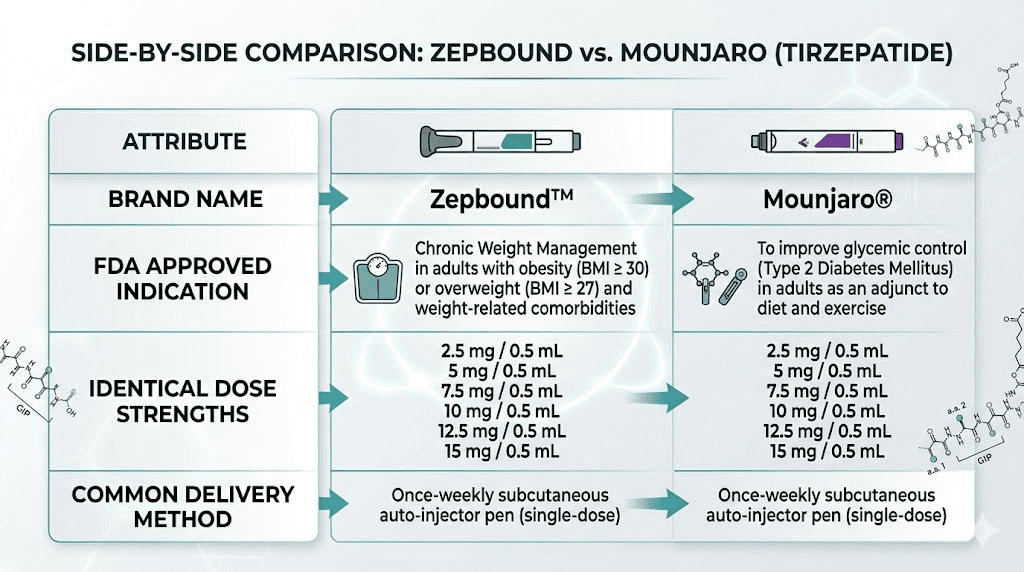 Zepbound vs Mounjaro dose comparison chart showing identical tirzepatide strengths