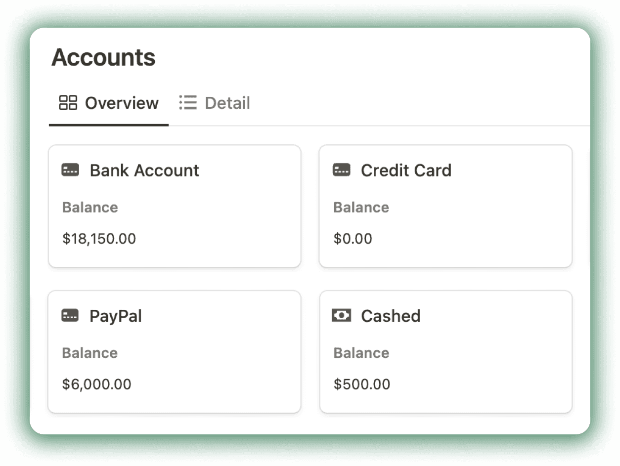 Account Management in notion Finance Hub