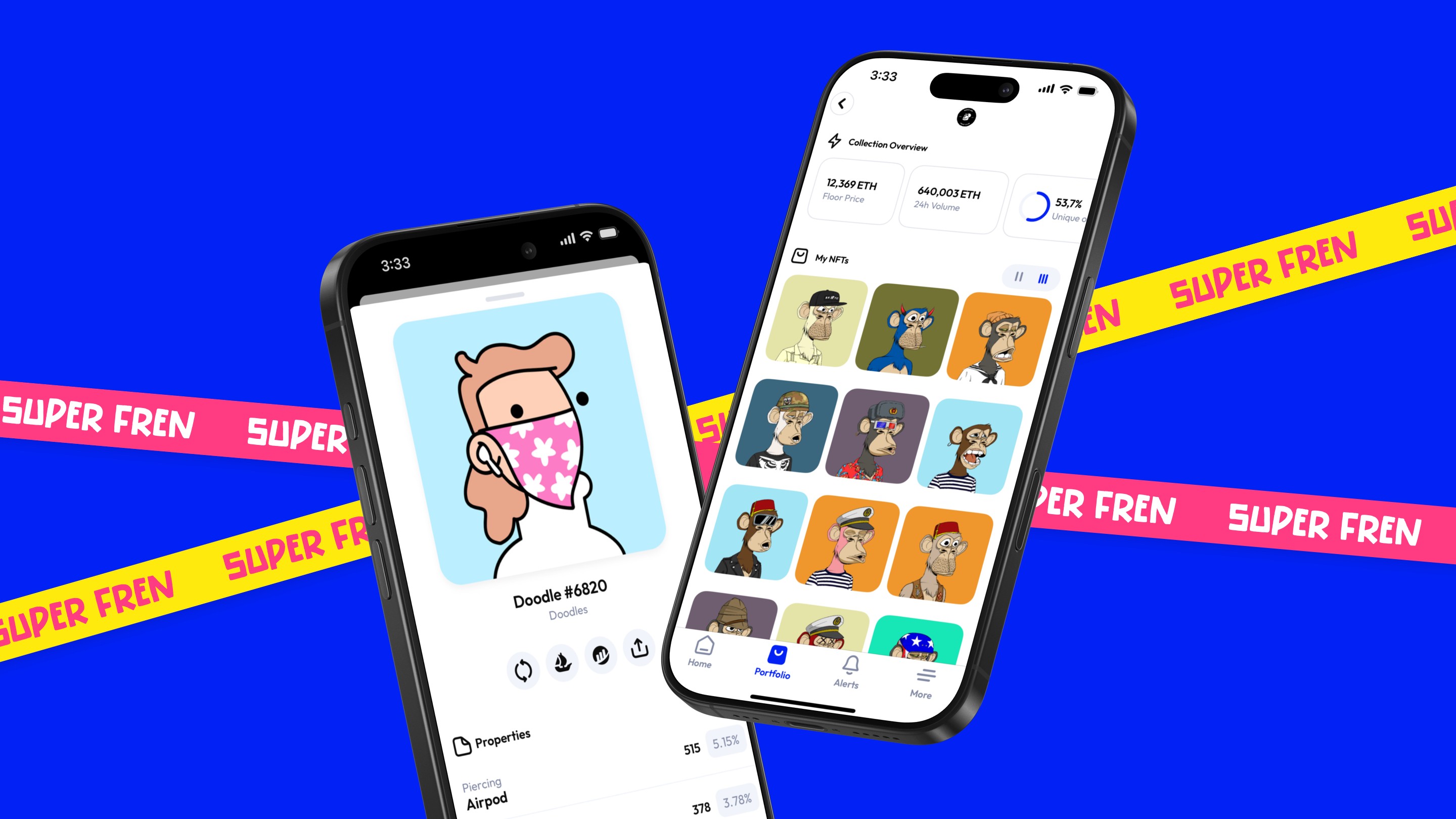 Super Fren mobile app showing Bored Ape NFT collection grid and Doodle NFT details
