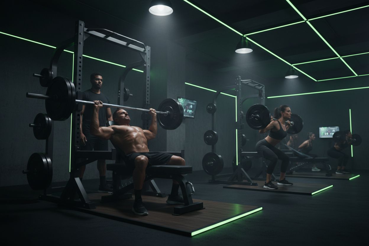 Gym with people performing upper and lower body exercises