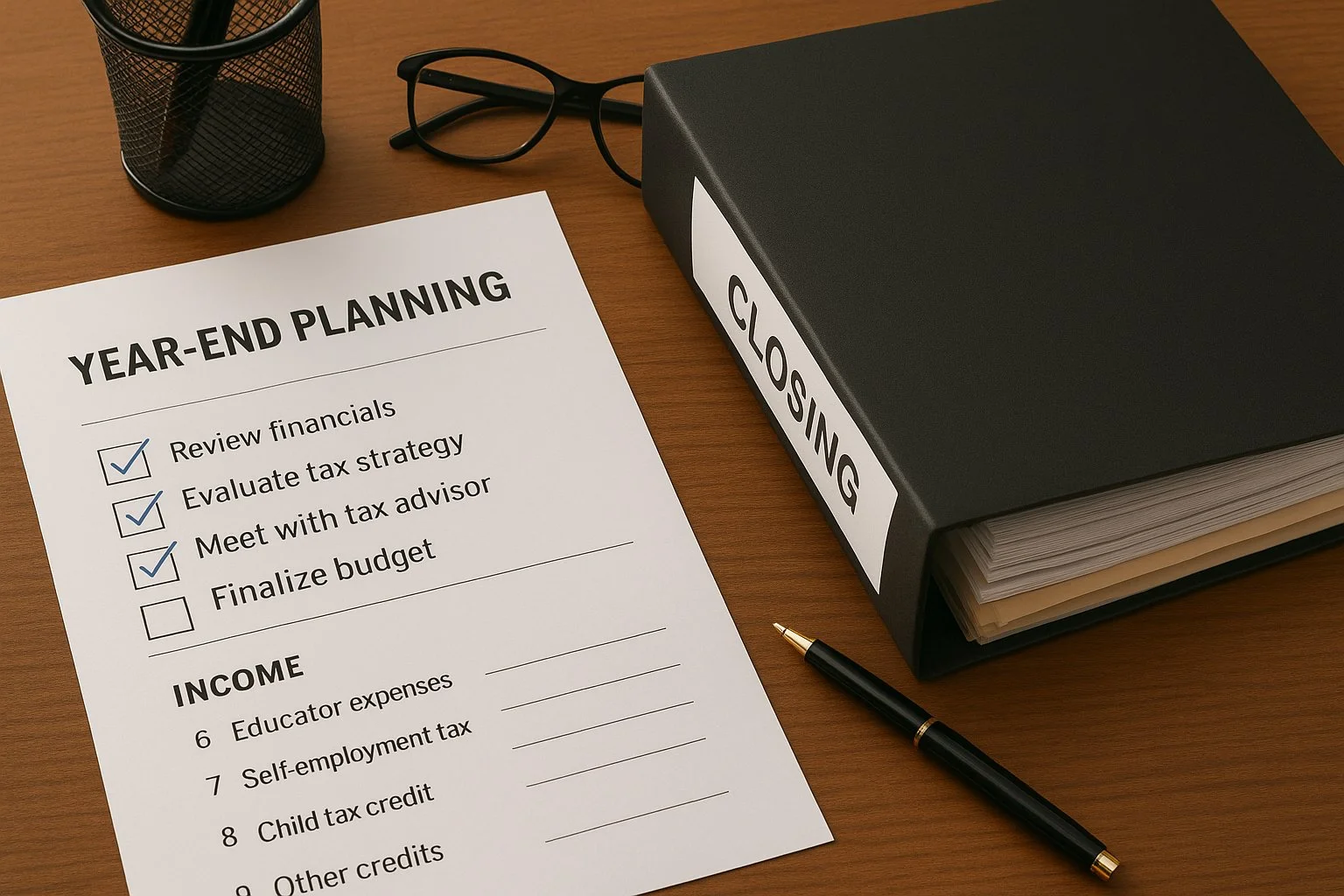 Organized desk with completed checkmarks on a “Year-End Planning” list and all documents neatly filed into a closing binder, symbolizing task completion.