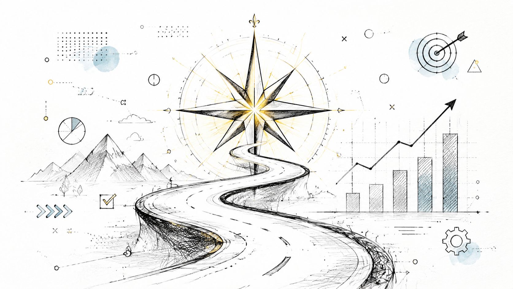 A hand-drawn illustration featuring a compass rose, a winding road, and business growth charts and target.