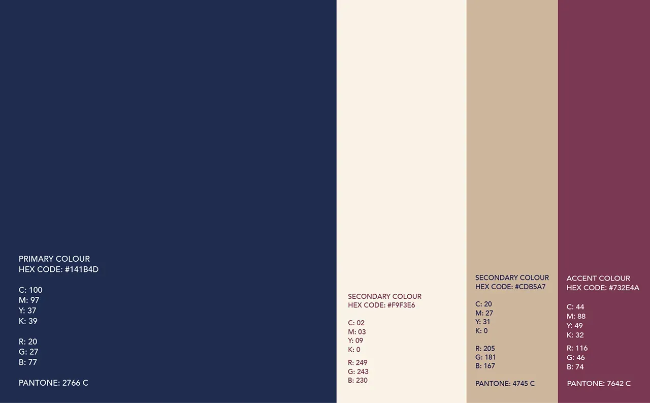 Luxury brand color palette featuring deep navy, cream, taupe, and accent tones