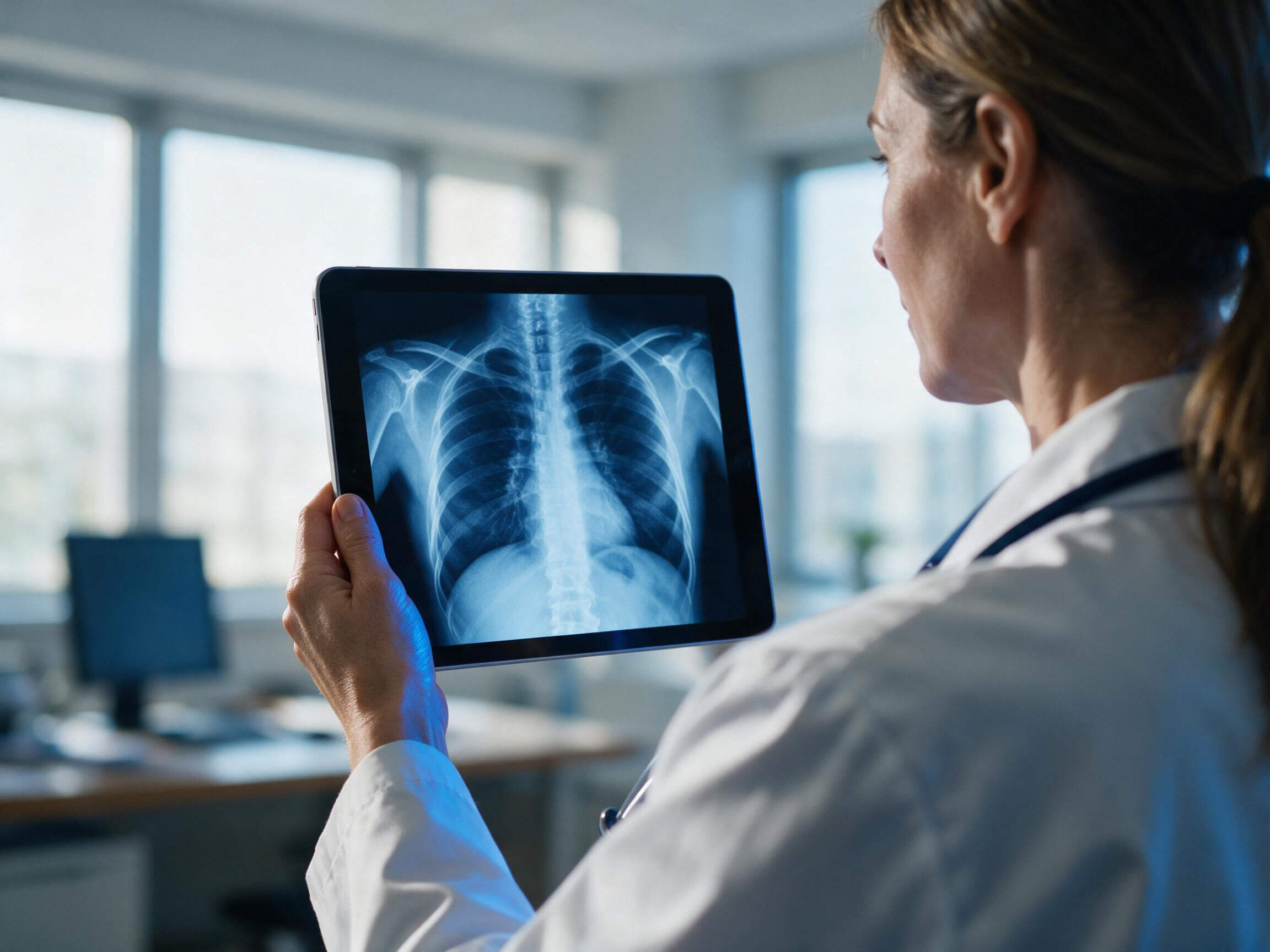 Medic privind peste umăr o radiografie digitală afișată pe tabletă, într-un cabinet medical modern.