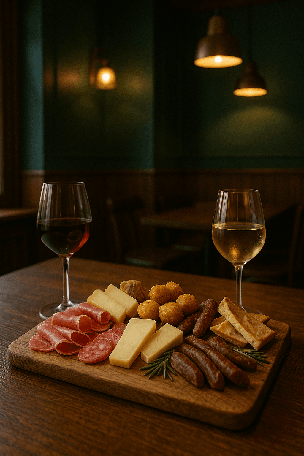 a glass of wine and some food on a table