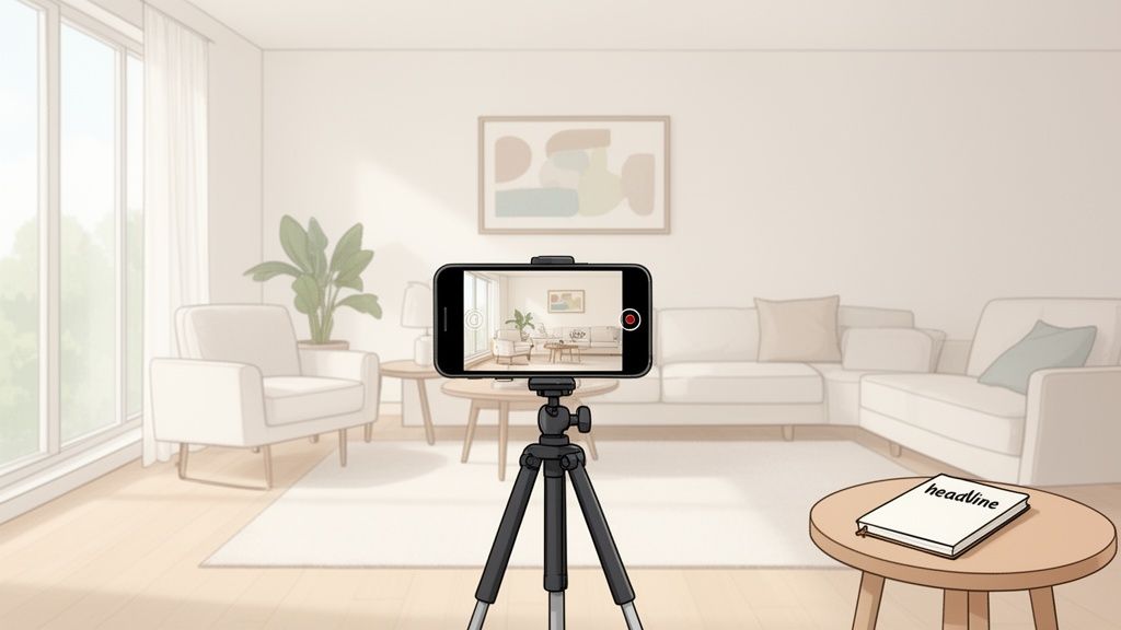 A smartphone on a tripod recording a modern living room with a sofa, armchair, and plant.