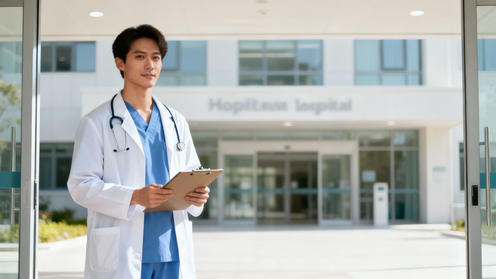A male doctor in a white lab coat and blue scrubs stands with a clipboard outside a hospital.