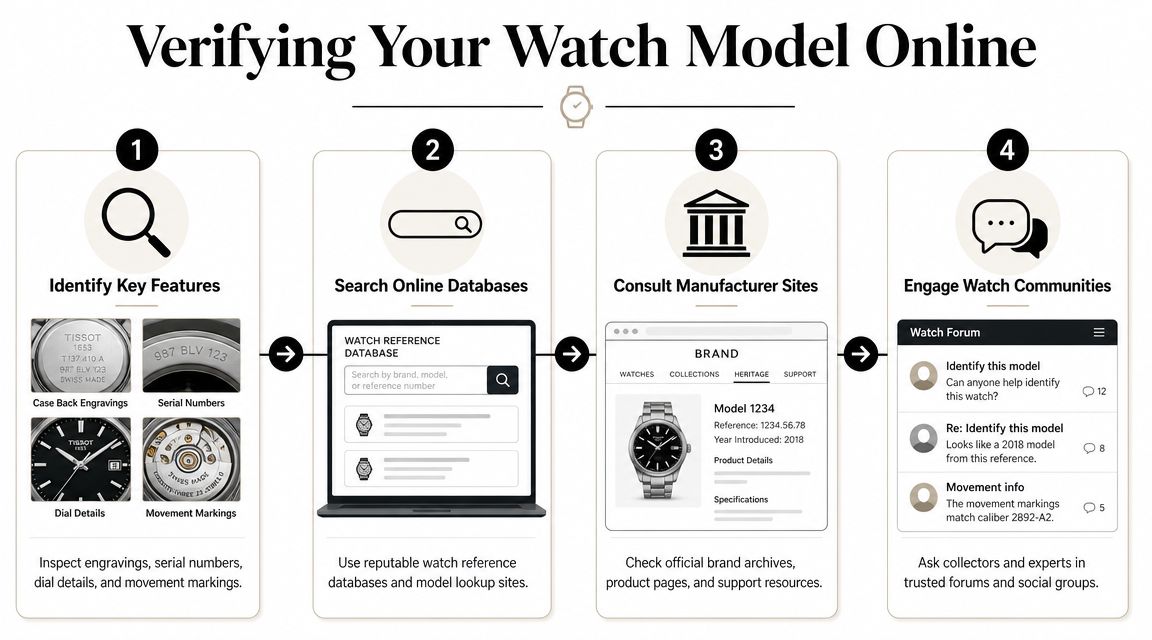 An infographic showing four steps to identify and verify a wristwatch model using online resources.