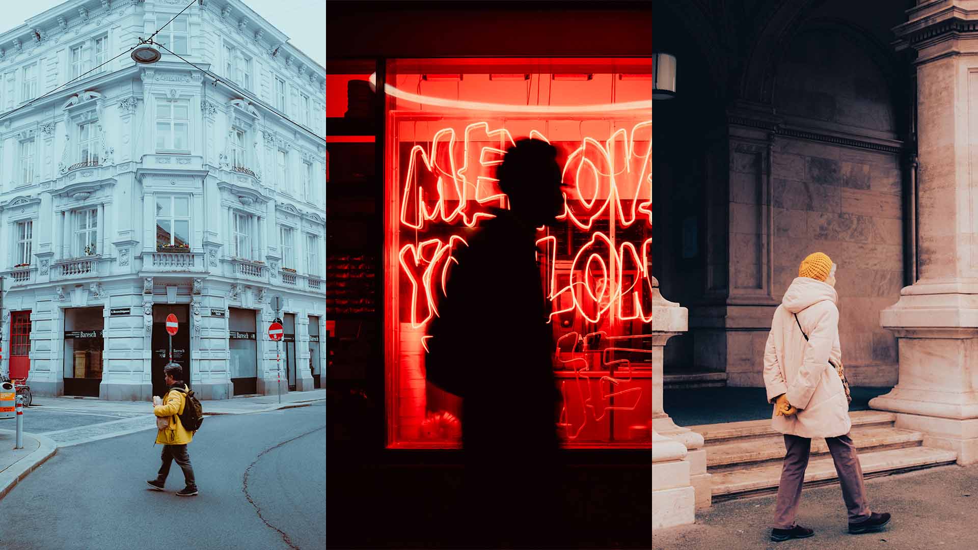 Three vertical images of people walking through frame with their backs towards the camera