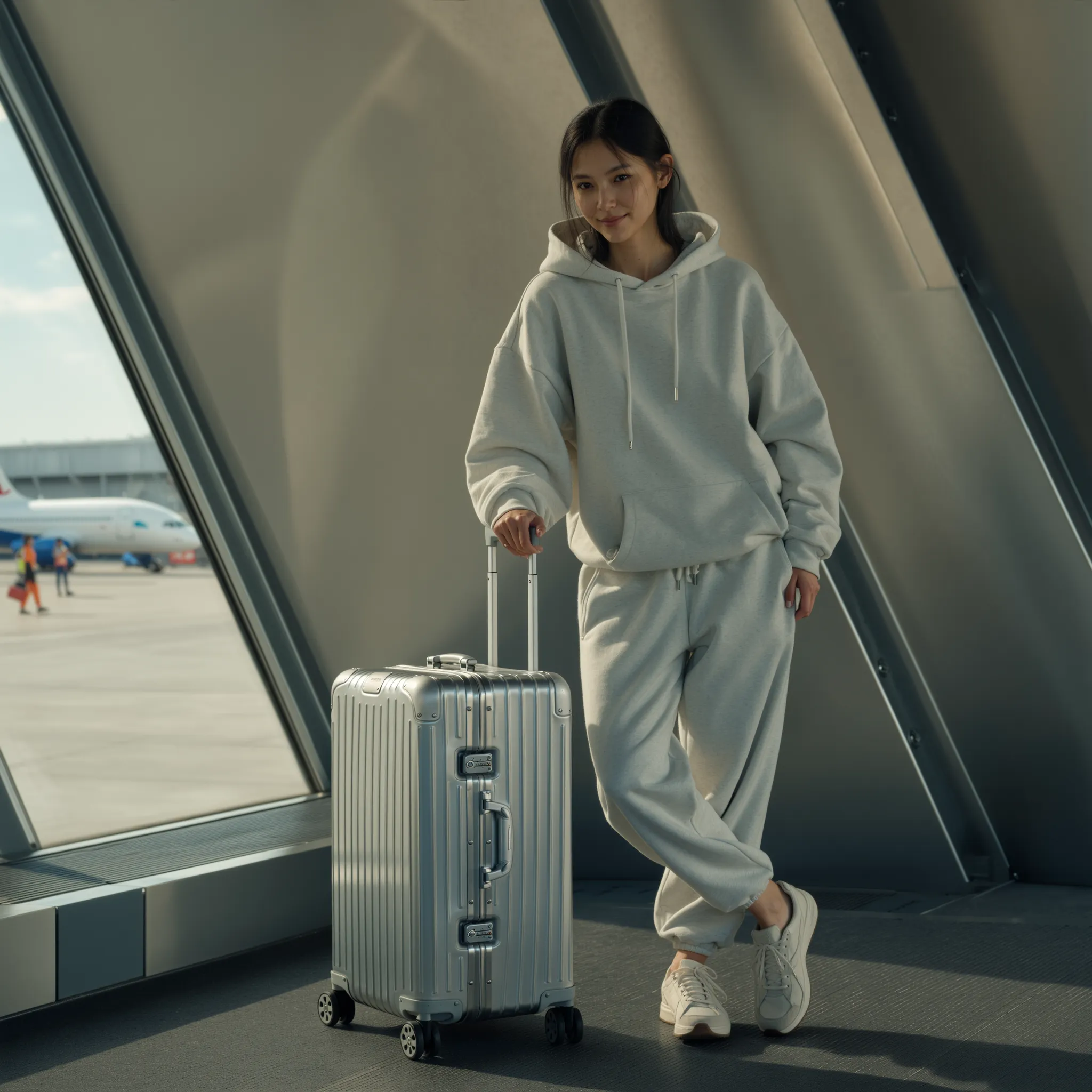 Weibliches KI-Model im gemütlichen Hoodie mit Rollkoffer am Flughafen, warmes Licht und moderne Architektur betonen einen lässigen, klaren Reiselook.