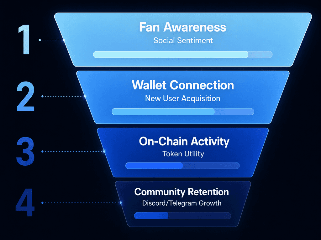 A Web3 ROI funnel for sports marketing showing the journey from fan awareness to wallet connection, on-chain activity, and community retention.