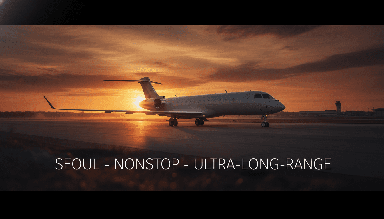 Ultra-long-range business jet on a runway at sunset - Seoul nonstop private jet comparison guide