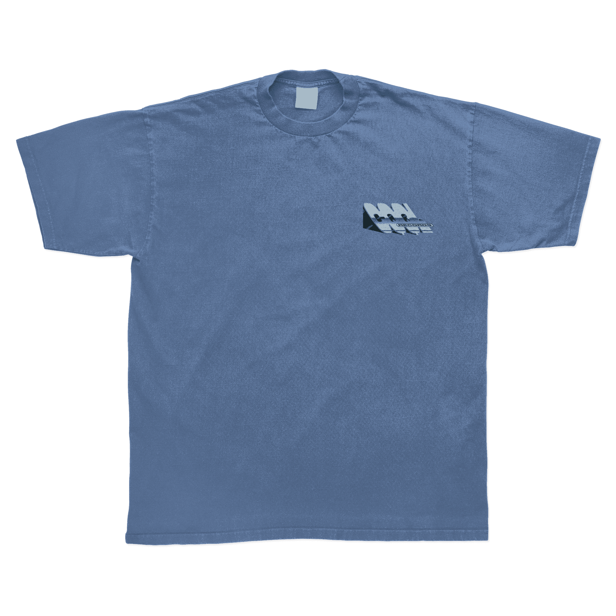 Blue t-shirt with a small CQQL Records logo graphic on the chest against a white background