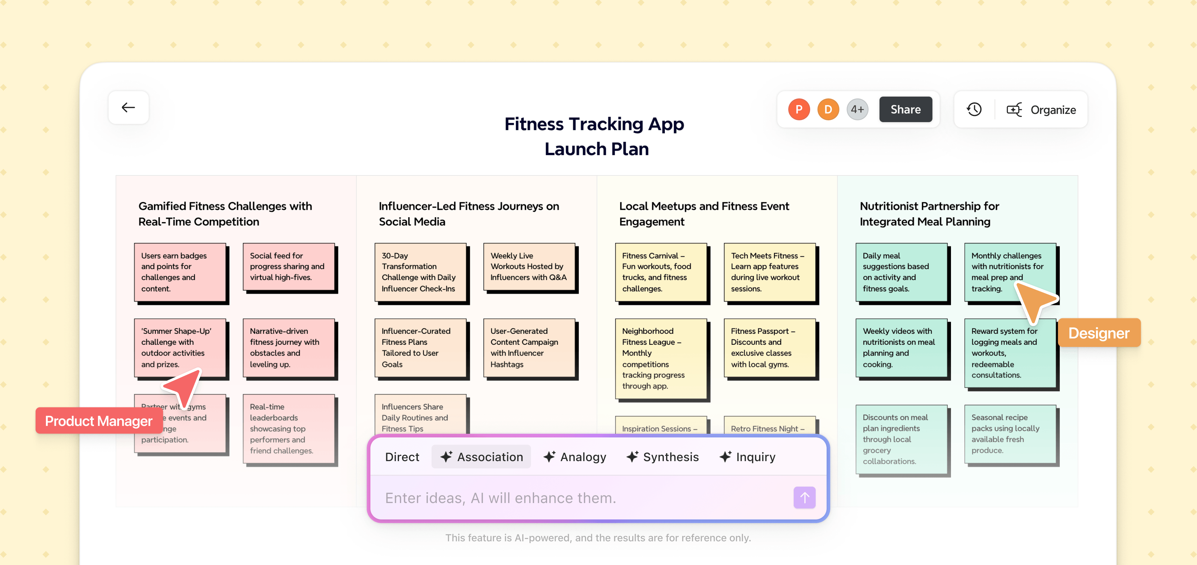 Xmind board showing a fitness tracking app launch plan with structured ideas, sticky notes, and AI-assisted brainstorming across multiple planning sections