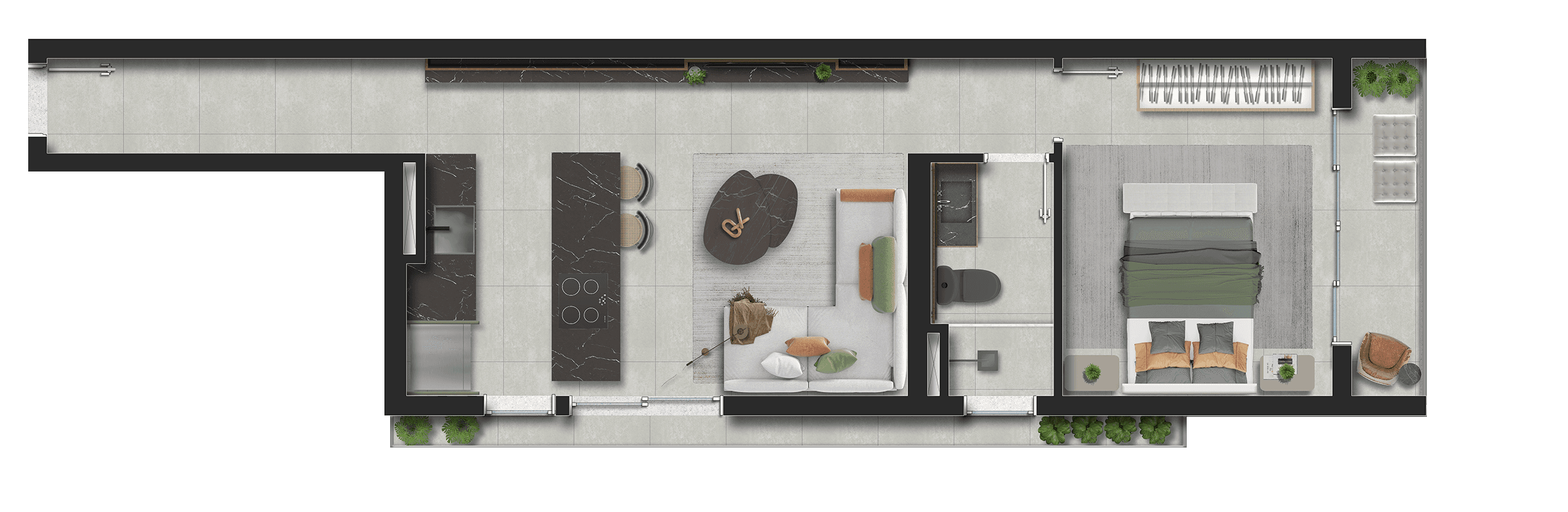 Planta do apartamento com 1 dormitório de 52m²