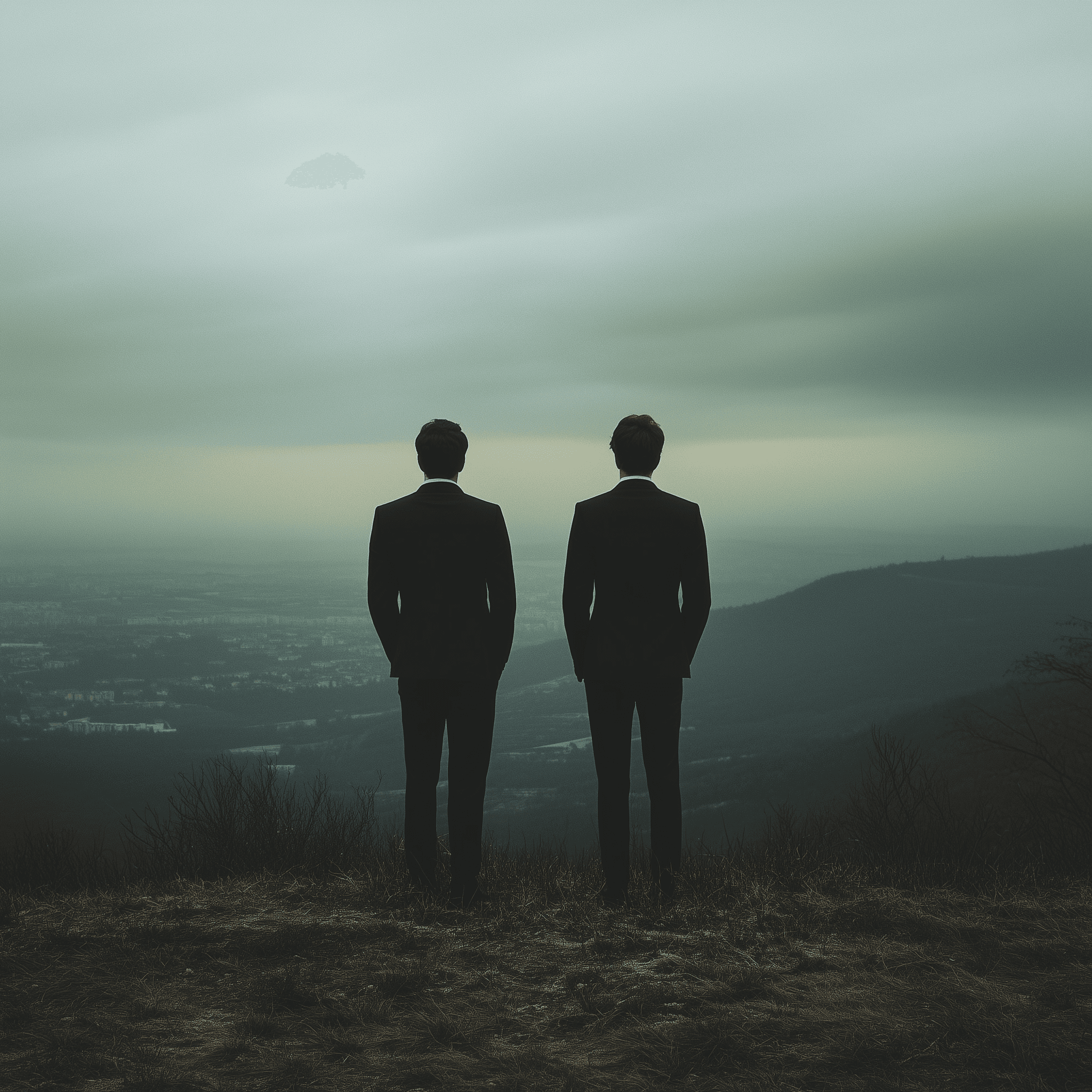 Two men in suits standing side by side, gazing at a distant view of a vast landscape under a cloudy sky.