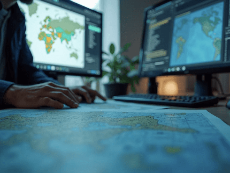 A person’s hand is on a map, with two computer monitors displaying geographical maps in a dimly lit room.