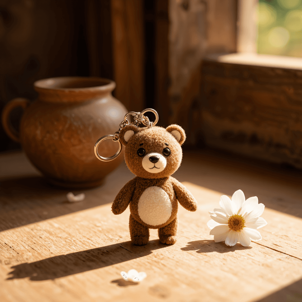 product photography of a keychain with a cute bear design