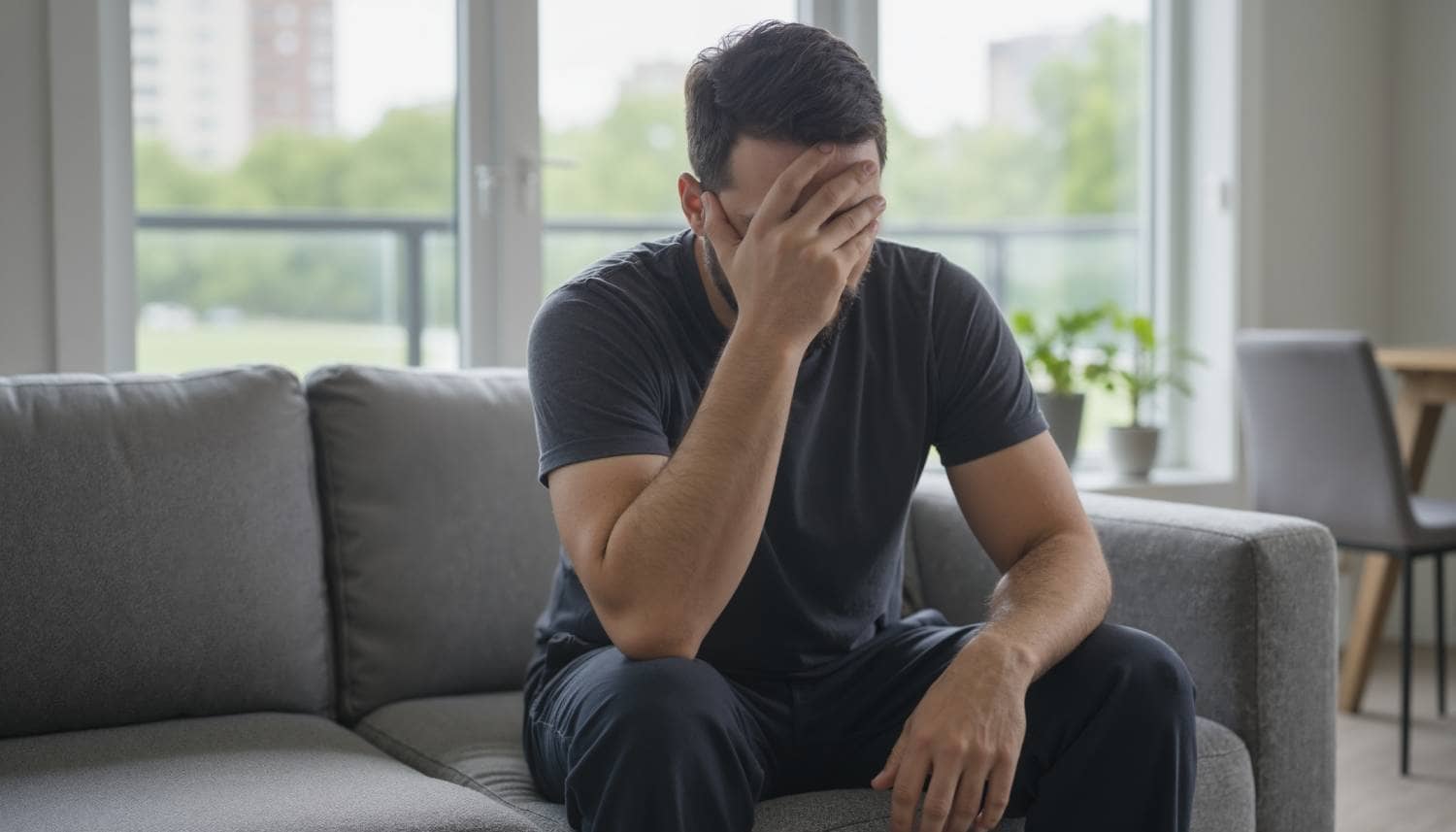 A man sitting alone on a couch, covering his face with one hand in a clear expression of sadness, distress, or exhaustion.