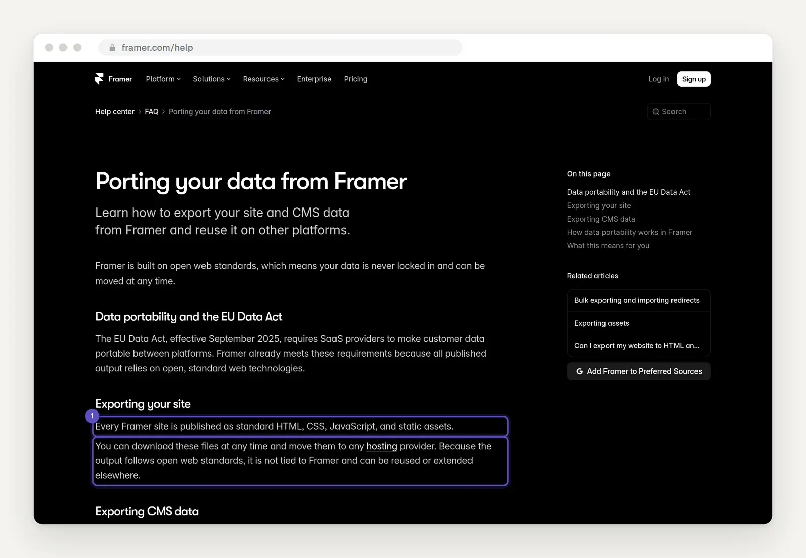 Screenshot der Framer-Hilfe zur Datenportabilität: Framer-Websites als HTML, CSS und JavaScript herunterladbar