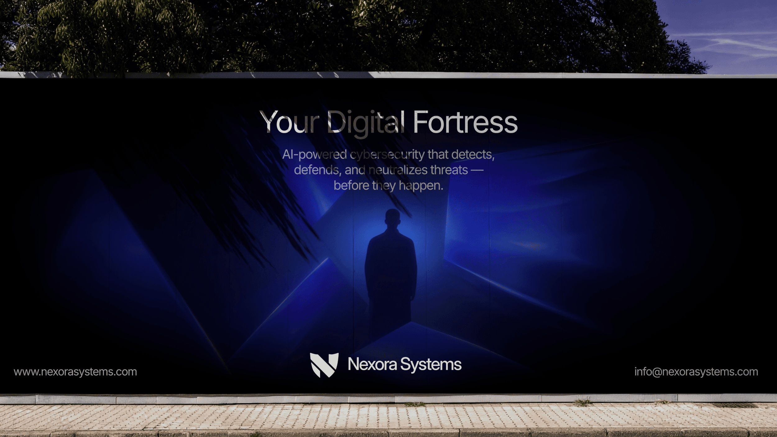 A sidewalk billboard for the brand Nexora Systems featuring the silhouette of a man in front of a blue background with the words "Your Digital Fortress" printed at the top of the billboard.