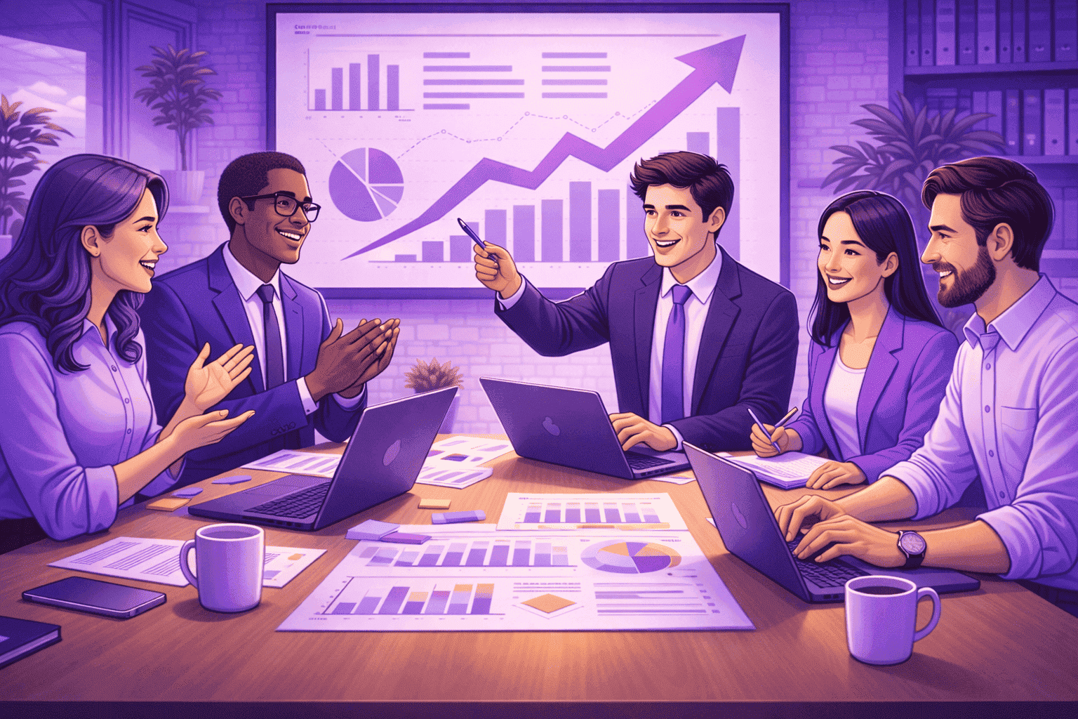 Team participating in a focused and productive meeting while reviewing performance charts and upward growth metrics.