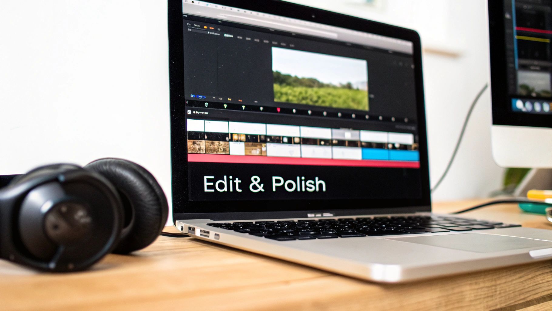 An organized editing timeline on a Mac, showing video clips being trimmed and arranged.