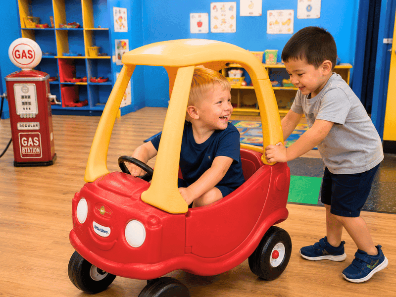 Preschool children developing social skills through imaginative dramatic play with a toy car at Little Adventures Academy.