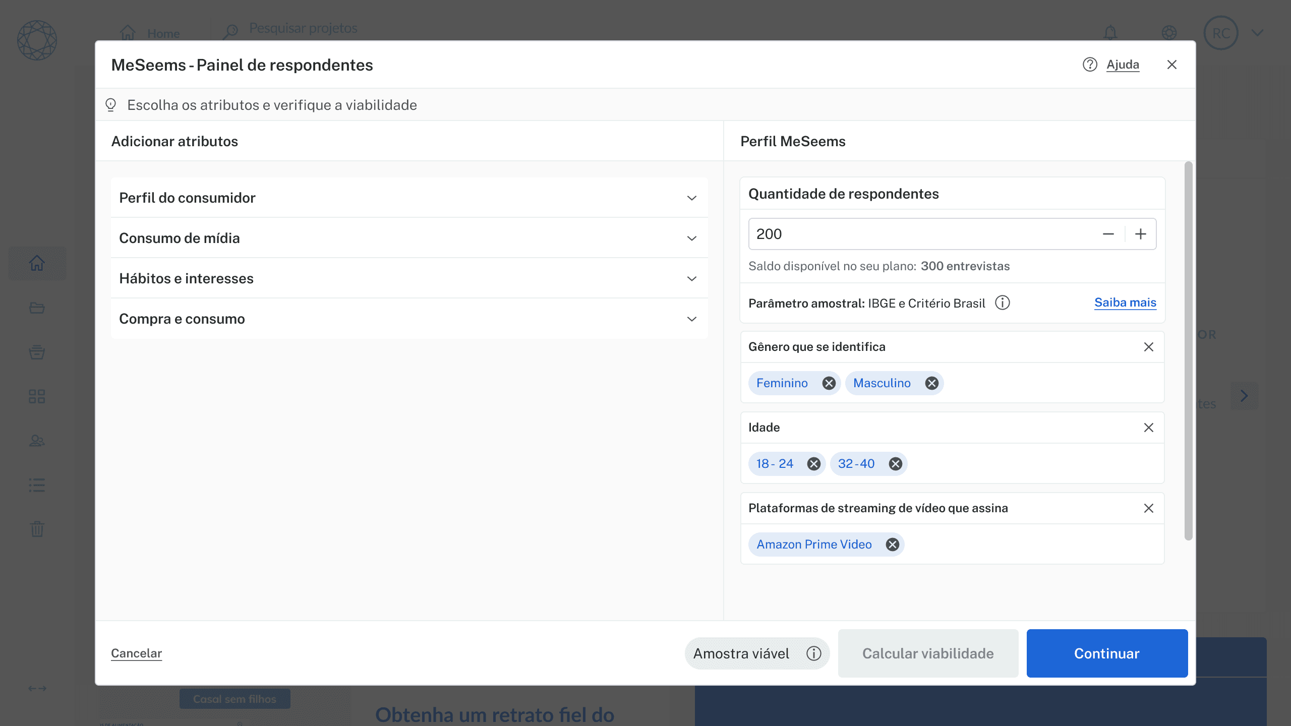 Tela de definição de perfil de amostra do Painel de respondentes MeSeems, com opções de adicionar atributos e um resumo do perfil configurado