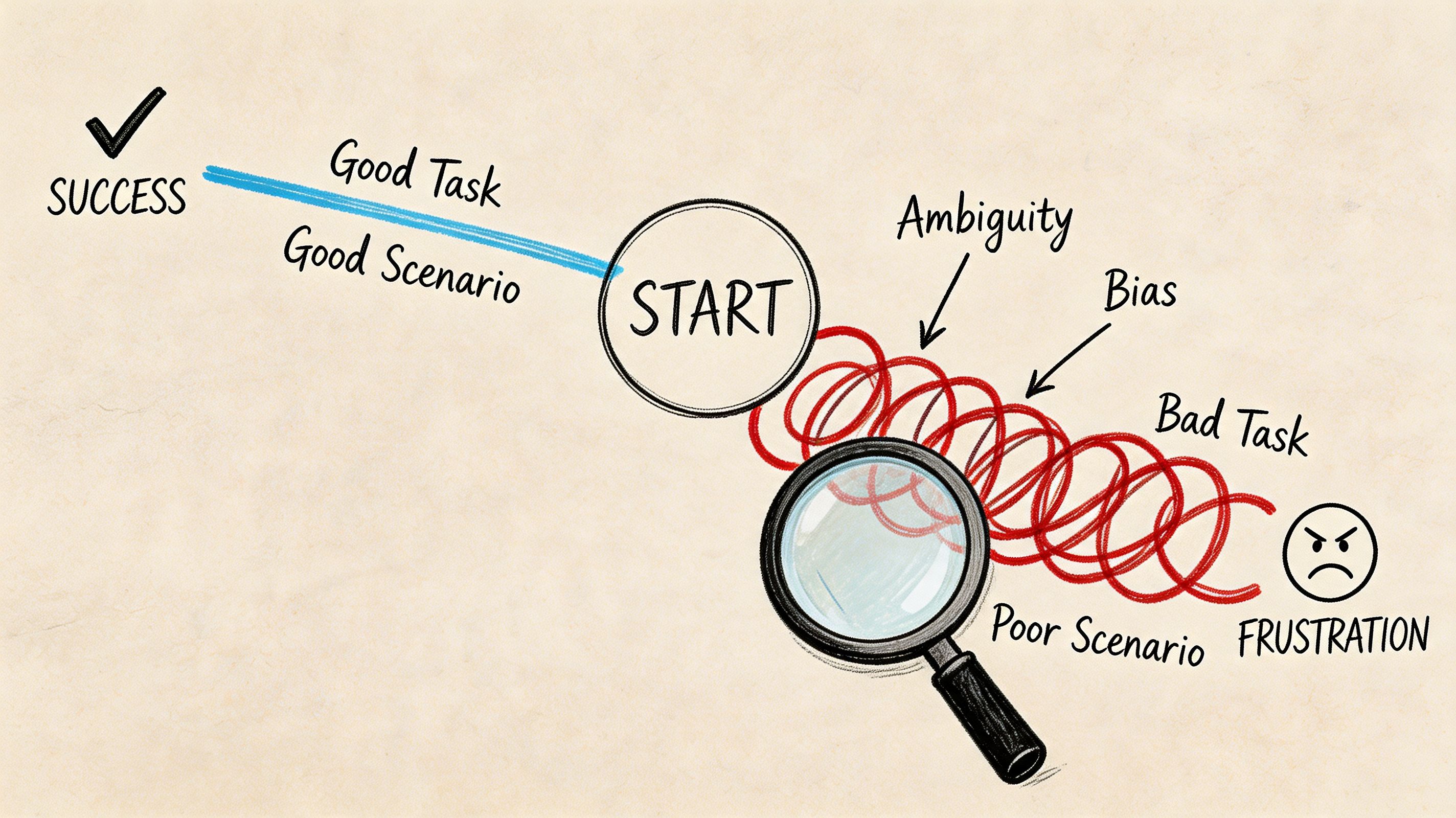 A diagram contrasting successful usability testing versus a chaotic, frustrating path caused by poor scenarios.