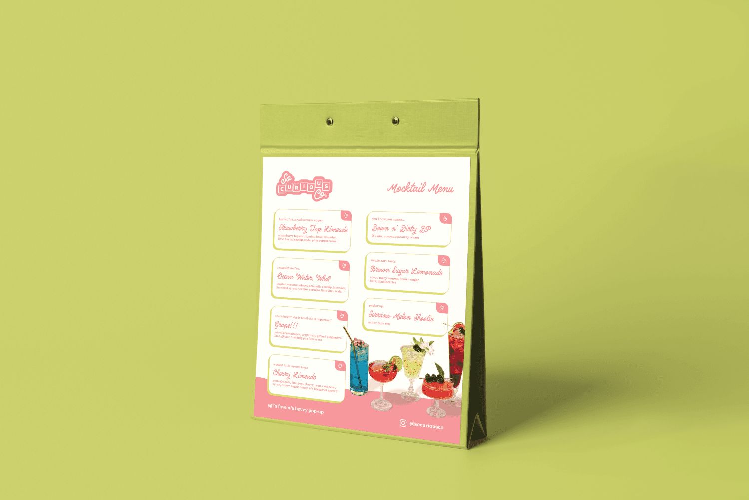 A menu designed for So Curious Co with bold and silly design elements and bright photography