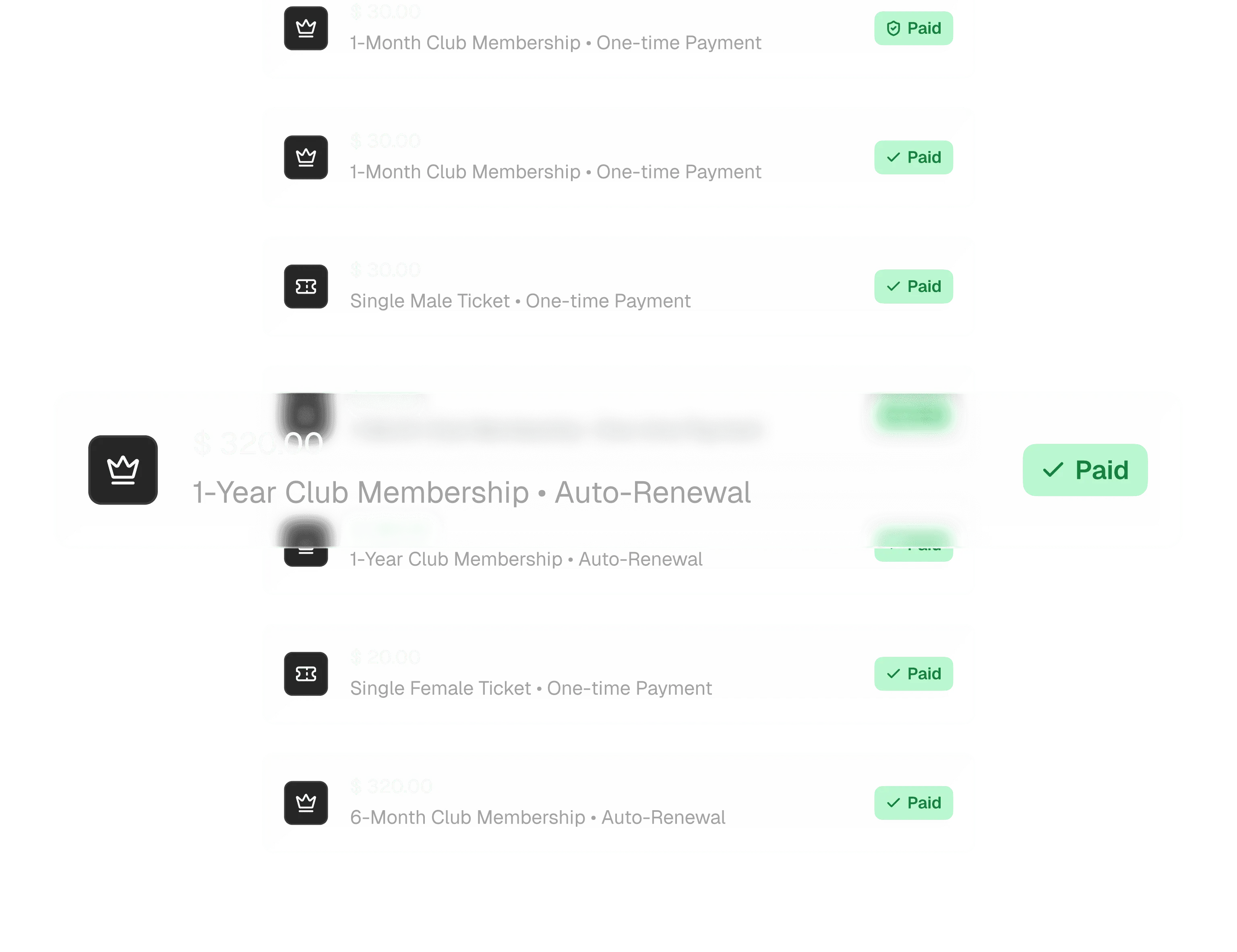 List of various paid club memberships and tickets.