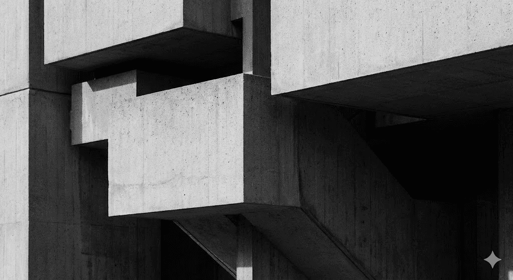 Abstract, close up black and white architecture. Concrete structure of geometrical shapes and right angles.