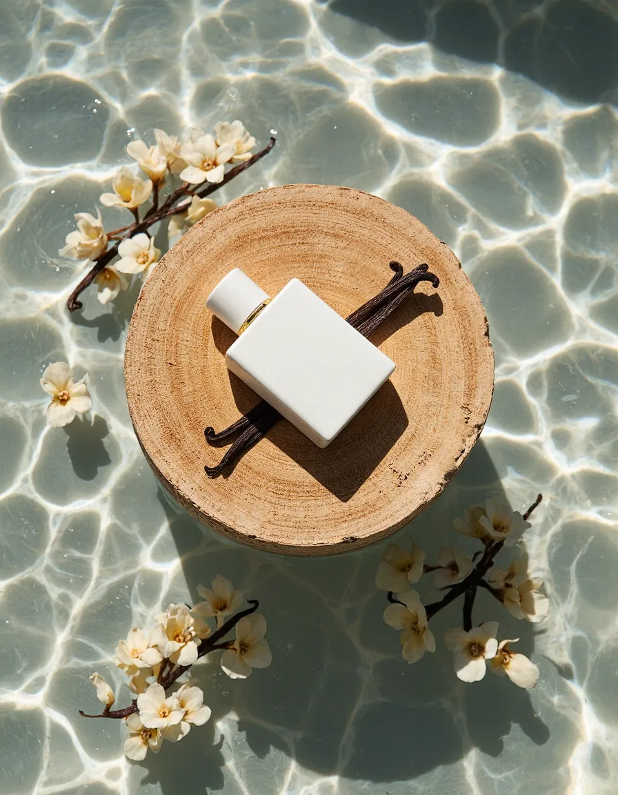 White perfume bottle on wooden slice with vanilla pods, floating in clear water with delicate white blossoms surrounding it