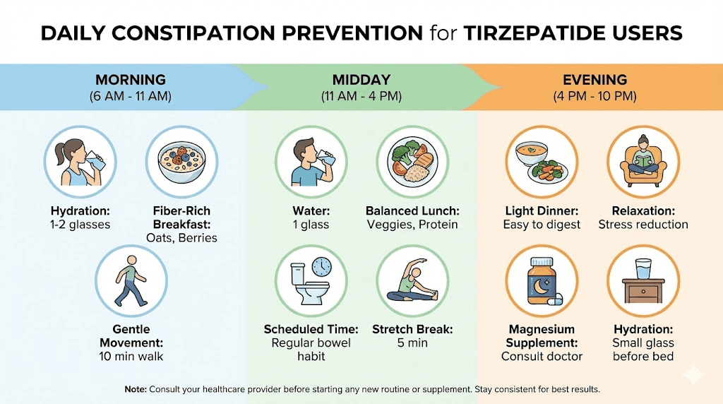 Complete daily constipation prevention schedule for tirzepatide users