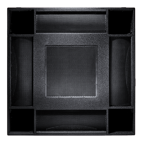 Large black speaker with multiple grilles.