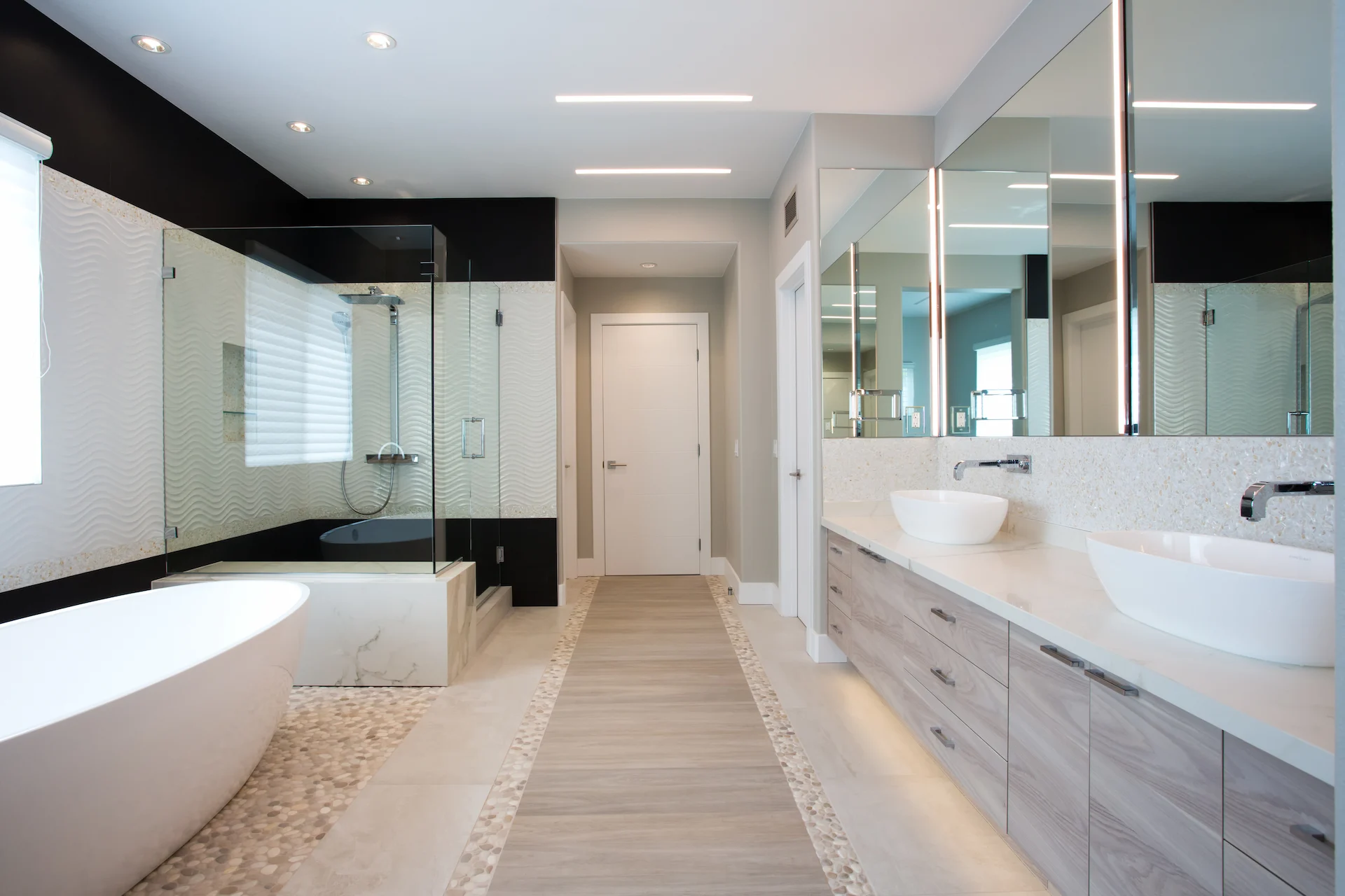 Full view of the master bath galley, showcasing the elegant fixtures and spacious design in this contemporary Newport Beach home.