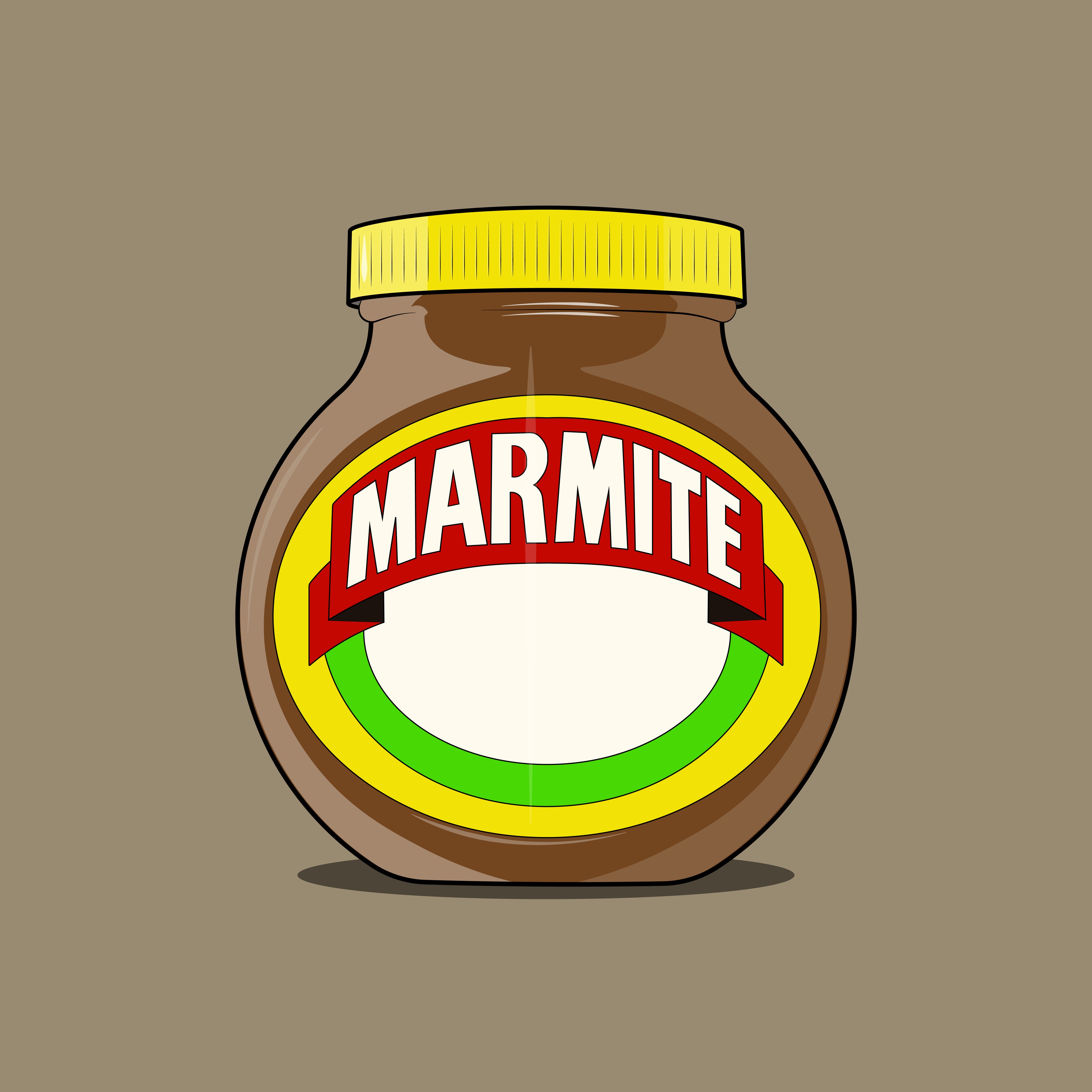 Vector drawing of a Marmite jar with a yellow lid on a brown background.