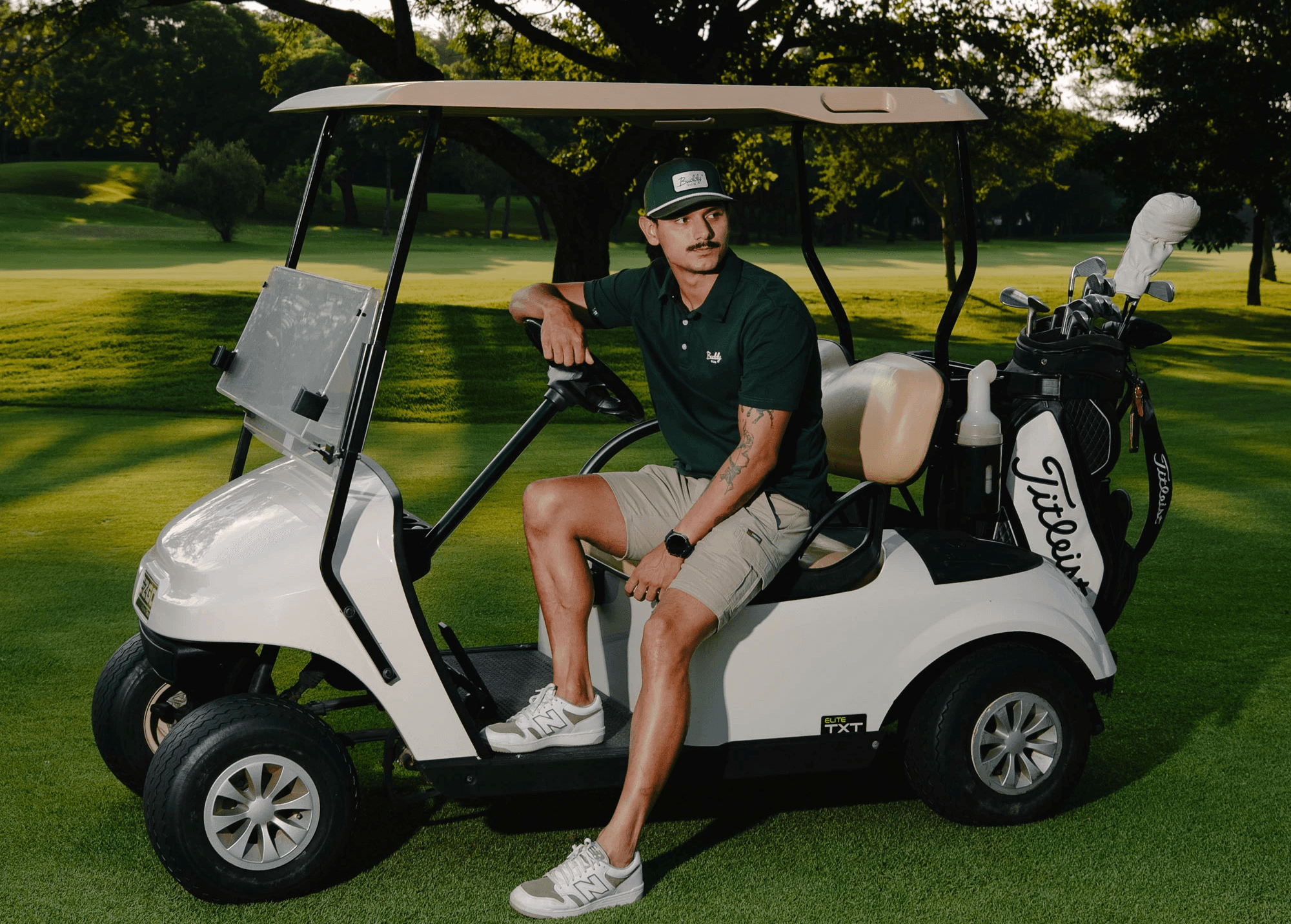 Woman in a dark golf outfit mid-swing on a lush green golf course, with sand bunkers and trees in the background, promoting a 38% discount.