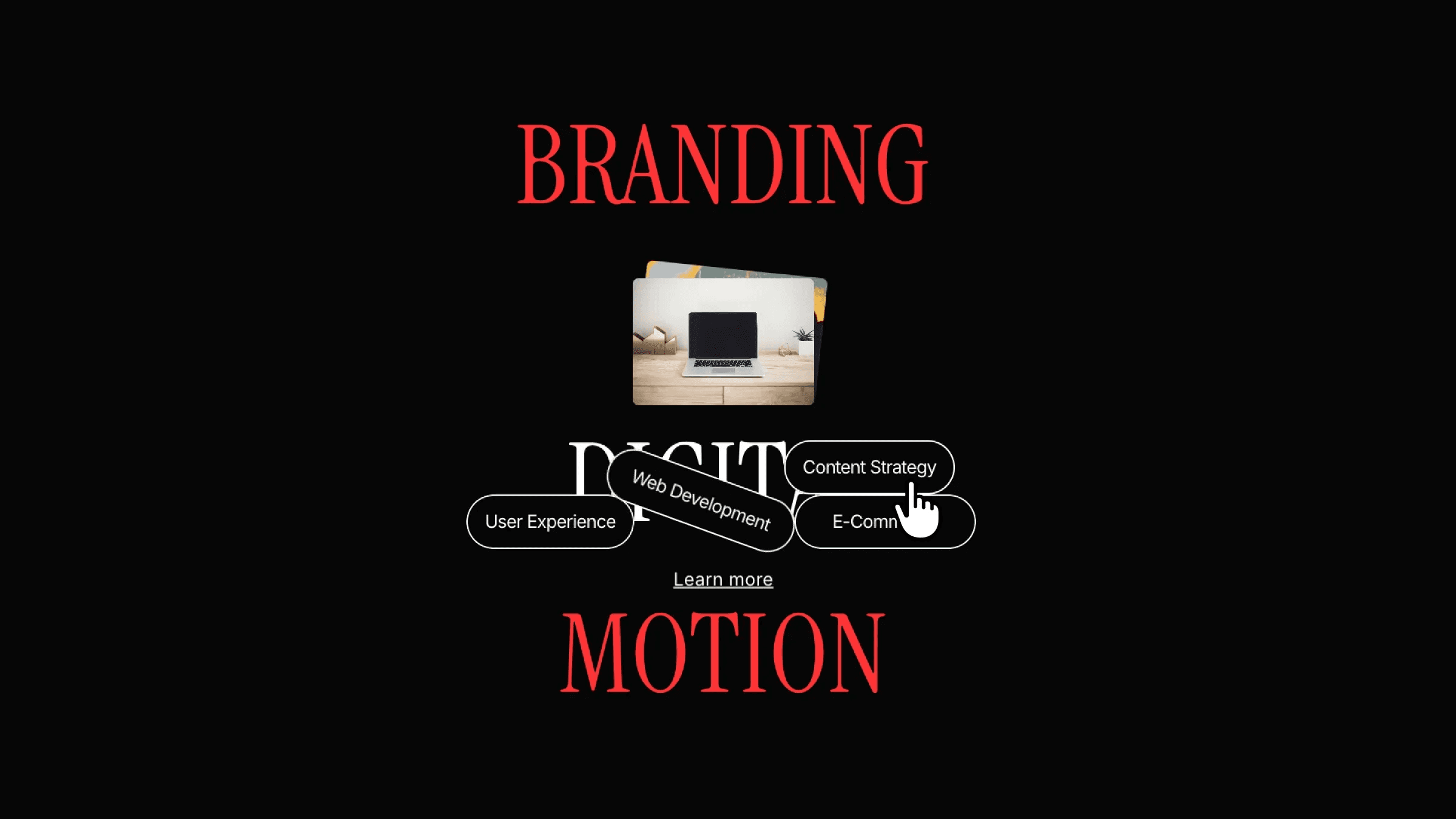 Branding and motion design showcase with service category tags