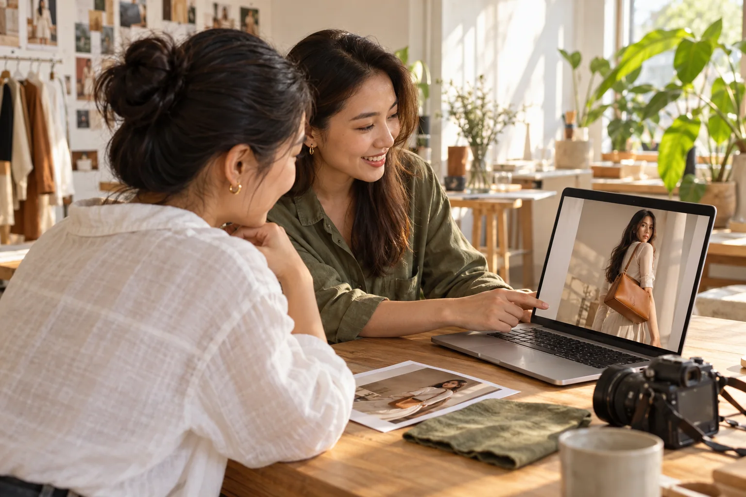 Creative founder and colleague reviewing a lifestyle campaign photograph on a laptop