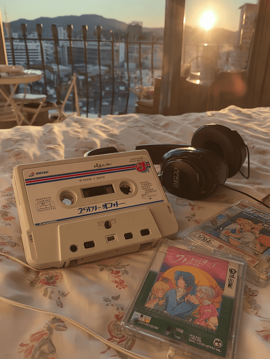 A vintage cassette player, anime tapes, and a pair of headphones rest on a floral bedsheet, bathed in golden sunset light from a high-rise balcony view of the city.