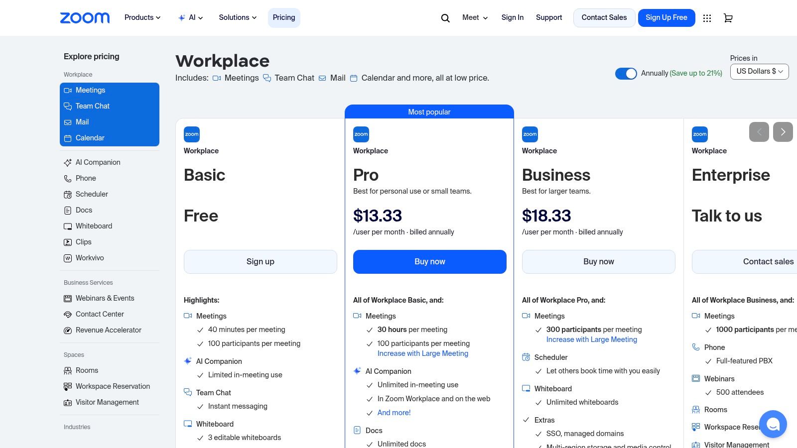 Zoom pricing page showing different plans