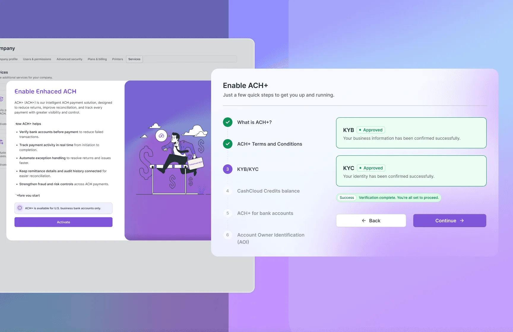 ACH+ activation with KYB/KYC verification