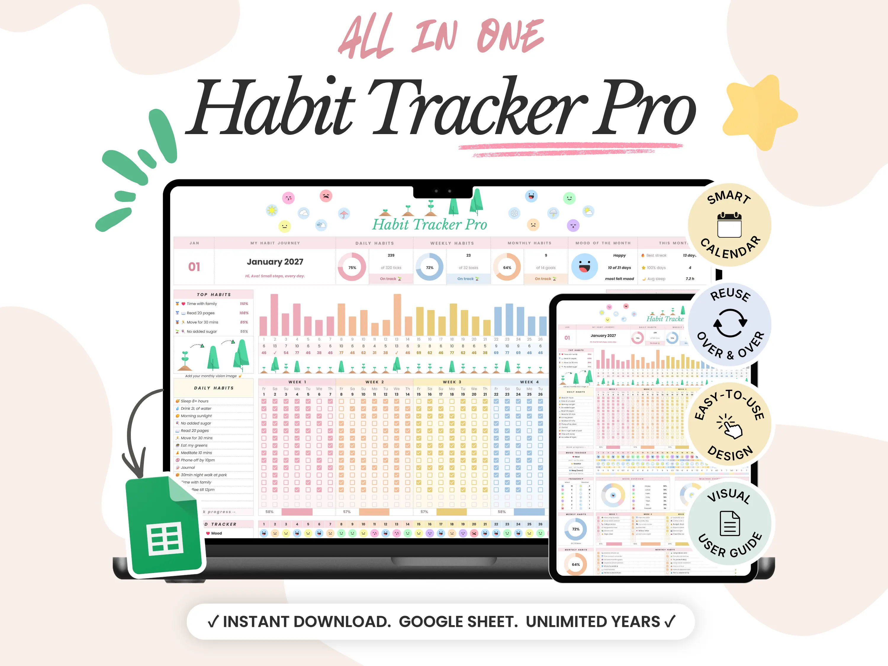 All-in-one Habit Tracker Pro Google Sheets habit tracker shown on laptop and tablet with a growing habit tree